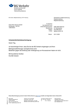 Clean-Rohr-Service GmbH Zertifikat BG Verkehr Unbedenklichkeitsbescheinigung